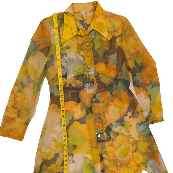 70s VTG Yellow Floral Maxi Dress + Sheer Coat Set Boho Cottagecore Festival Gown - Picture 14 of 15